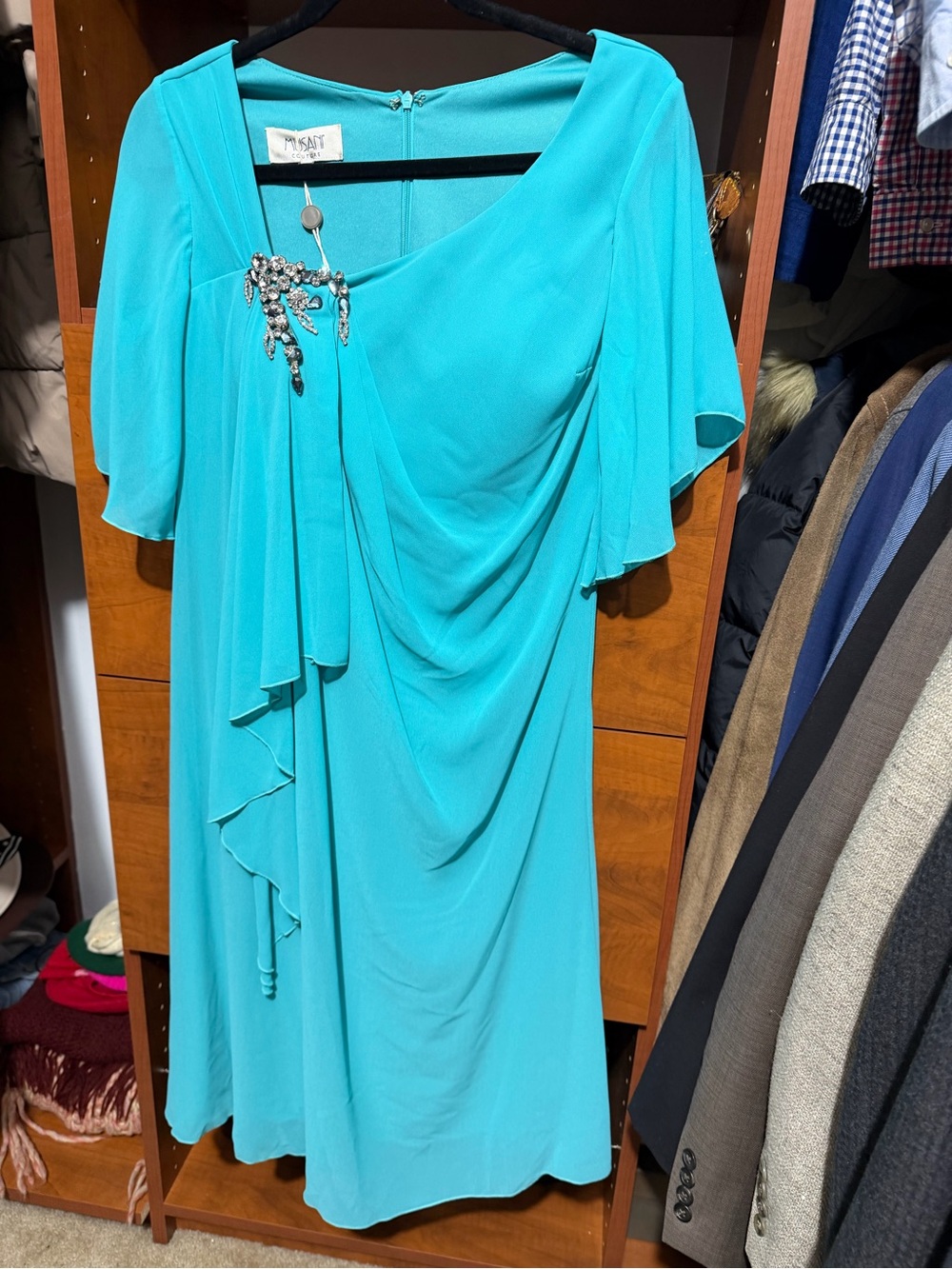 Musani Couture Turquoise Midi Dress with Decorative Brooch